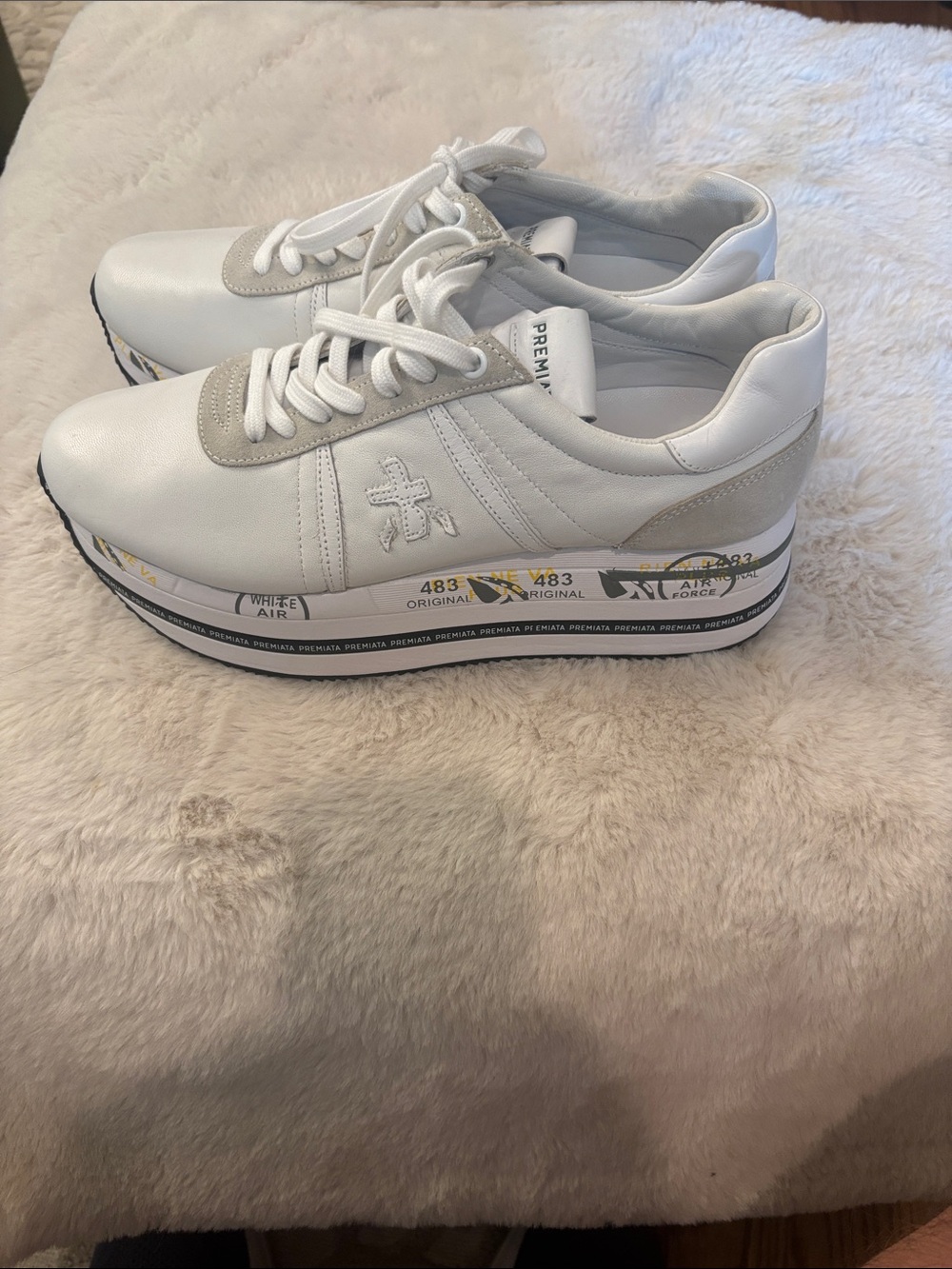 Premiata White Leather Platform Lace-Up Sneakers with Graphic Sole